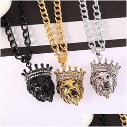 Colliers pendentif tête de lion couronne pendentif collier hip hop bijoux hommes colliers livraison directe bijoux colliers pendentifs Dhdiu