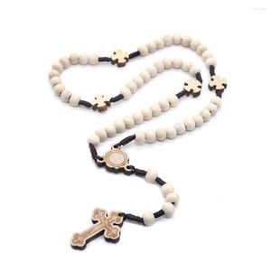 Pendentif Colliers Perles En Bois Tissé À La Main Croyance Religieuse Croix Chapelet Collier Église Prière Baptême Hommes Femmes Bijoux Souvenir Cadeau