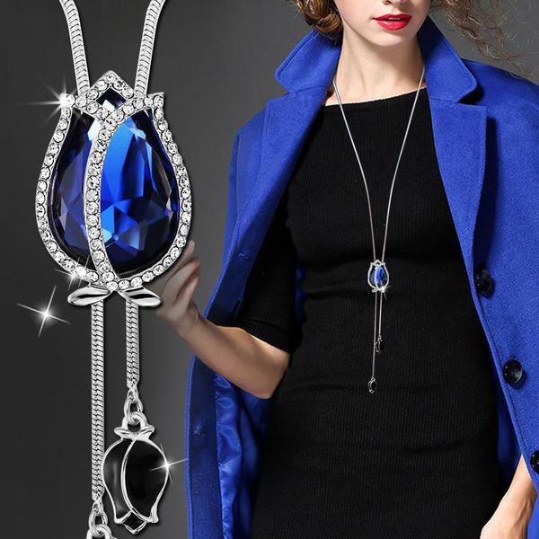 Pendentif Colliers Longs Pendentifs Pour Femmes Collier Femme Bleu Tulipe Déclaration Colar Maxi Mode Argent Cristal Bijoux Bijoux 2022Pend