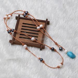 Pendentif Colliers Longues Pierres Bleues Collier En Cuir Goutte Flottant Charme Bijoux Femmes Chandail Perlé À La Main