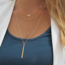 Hangende kettingen Lange gelaagde ketting set van 3 zijwaartse kruiskruis minimale KPOP241J