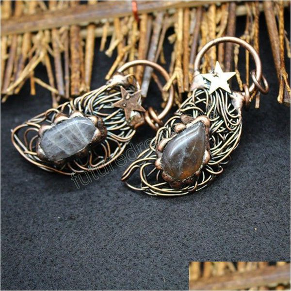 Anhänger Halsketten Lange Naturstein Quarz Halskette Antiker Kupferdraht Wrap Pendum Große Labradorite Grauer Mondstein Anhänger Crysta Dh2Oz