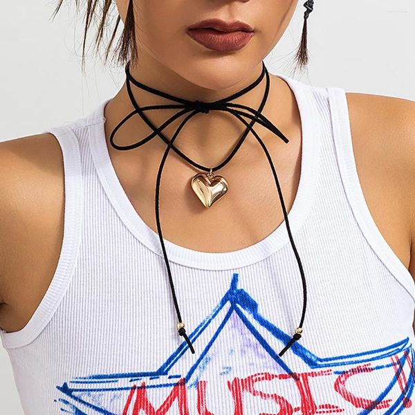 Collares colgantes Cadenas de cuerda larga con collar de corazón de metal para mujeres de moda con cordones Gargantilla 2023 Joyería de moda en accesorios de cuello Regalo