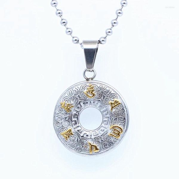 Pendentif Colliers LOOKER Titane Acier Rétro Six Mots Mantra Style Chinois Anneau Nuages De Bon Augure Veines Fortune Paix Amulette