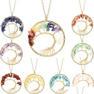 Pendentif Colliers Lots Irregar Puce Pierre Cristal Fil Wrap Arbre De Vie Améthyste Rose Quartz Chakra Perles Collier Pour Femmes Jewelr Dhpe5