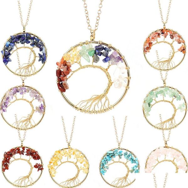 Collares pendientes Lotes Irregar Chip Stone Crystal Wire Wrap Tree Of Life Amethyst Rose Quartz Chakra Beads Collar para mujer Jewelr Dhgkn