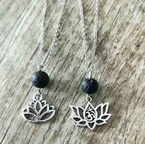 Pendentif Colliers Fleur de Lotus Collier de pierre de lave noire Collier de perles de roche volcanique DIY Aromathérapie Diffuseur d'huile Femmes Bijoux Drop Delive Dh2T8