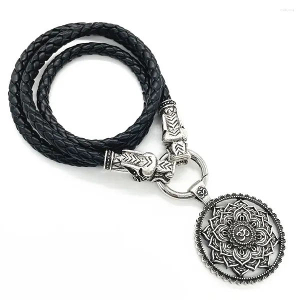 Pendentif Colliers Fleur De Lotus Mandala Bouddhisme Hindou Yoga Om Aum Têtes De Loup Collier En Cuir Pour Femmes Hommes Drop