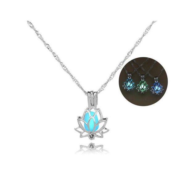 Pendentif Colliers Lotus Boîte Ouverte Nuit Lumineux Pendentif Collier Longue Chaîne Collier Ras Du Cou Femmes Déclaration Bijoux Drop Livraison Cou Dh1Oy