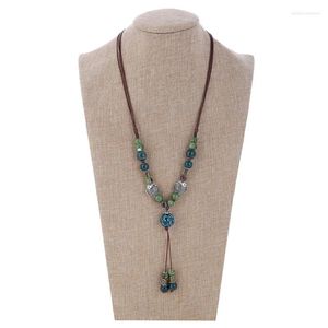 LOVBEAFAS Rose fleur longue pendentifs réglables femmes perles en céramique Boho Double poisson fait à la main Vintage collier bijoux