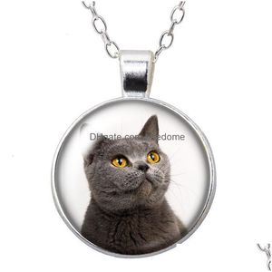 Hanger Kettingen Liefde Kat Huisdier Katten Dieren Ronde Ketting 25Mm Glas Cabochon Sier Vergulde Sieraden Vrouwen Feest Verjaardagscadeau 50Cm Drop Dh7Bt