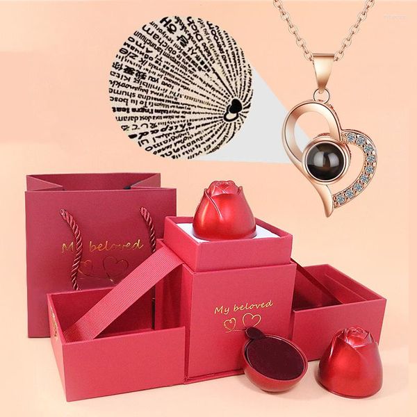 Pendentif Colliers Love Heart Projection Collier 100 Langues I You avec boîte-cadeau rose pour petite amie 2023 Mode Bijoux de luxe