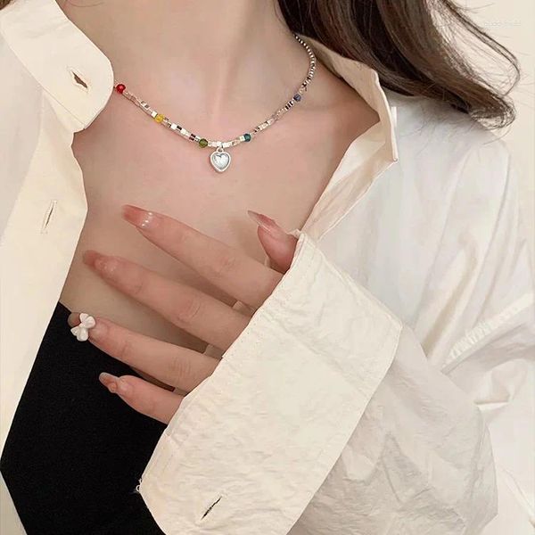 Collares colgantes Amor en forma de corazón Piedra lunar Mujeres Degradado Piedra preciosa Clavícula Cadena Collar Color Plata