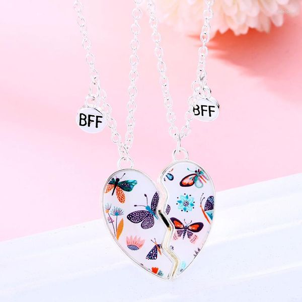 Pendentif Colliers Lovecryst 2Pcs / Set Mignon Papillon En Forme De Coeur Magnétique Ami Collier BFF Amitié Bijoux Cadeau Pour Les Filles