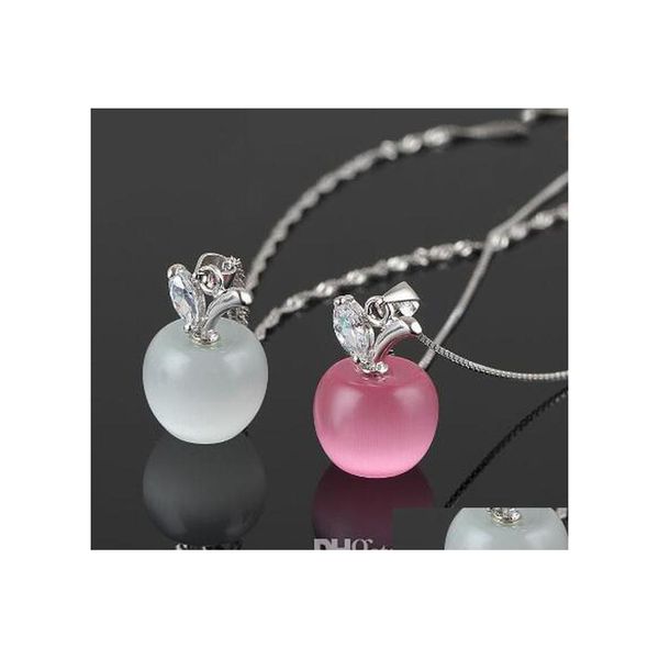 Pendentif Colliers Belle rose blanc opale Apple Collier pour femmes filles Sier chaîne mignon chats oeil pierre pendentifs à breloque Collier Fashio Dhnox