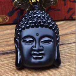 Pendentif Colliers Lucky Naturel Noir Obsidienne Cameo Bouddha Tête Perle Chaîne Amulette Fortune Collier Bouddhisme Méditation Hommes Femmes Bijoux