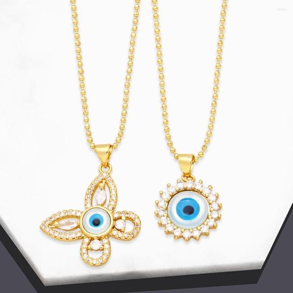 Collares pendientes, collar de ojo azul turco de la suerte para mujer, forma de mariposa de circonita de cobre, regalos de joyería chapados en oro griego Nkeb628