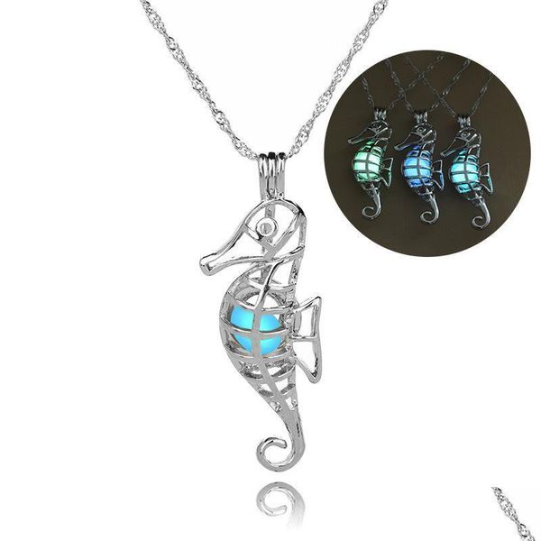 Pendentif Colliers Lumineux Animal Design Collier Hippocampe Cage Avec Clavicule Chaîne Creative Sea Horse Bijoux Dangle Choker Drop Deli Dh64V