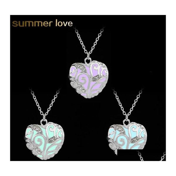 Collares colgantes Luminoso para las mujeres Resplandor en la oscuridad Hueco Melocotón Corazón Cuello Collar de cristal Sier Cadena Regalo de Navidad Joyería Dro OT74J