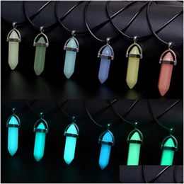 Pendentif Colliers Pierre Lumineuse Collier Colonne Hexagonale Hommes Femmes Calcédoine Naturelle Tour De Cou Glow In Dark Bijoux Cadeau Drop Delive Dhmtz