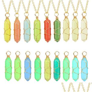 Pendentif Colliers Pierre Lumineuse Collier Fil Wrap Colonne Hexagonale Hommes Femmes Calcédoine Naturelle Tour De Cou Glow In Dark Bijoux Drop D Dhfv0