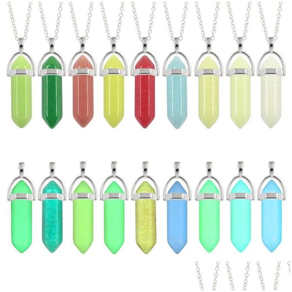 Pendentif Colliers Pierre Lumineuse Collier Sier Or Couleur Colonne Hexagonale Hommes Femmes Calcédoine Naturelle Tour De Cou Glow In Dark Bijoux Dhtgc