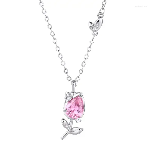 Collares colgantes Lujoso cristal chispeante rosa puro 925 collar de aguja de plata esterlina para mujeres niñas accesorios de diseño de amor de boda