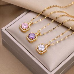 Colliers pendants Luxury 3 couleurs carrées de zircon en acier inoxydable pour femmes