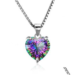 Collares pendientes de lujo 925 Sterling Sier en forma de corazón Rainbow Cubic Zirconia Cz Gemstone Charm Box Chains para mujeres Fashion Jewelr Dhhpu