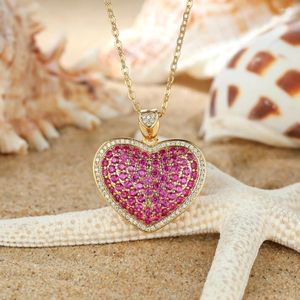 Pendentif Colliers Luxe Grand Coeur Pour Femmes Couleur Or Plein Rose Rouge Zircon Mariage Engagement Clavicule Collier Amoureux Bijoux