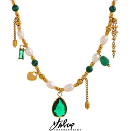 Pendentif Colliers Luxe Bling Vert Zircone Cubique Naturel Perle Pierre Chaîne Collier Mode En Acier Inoxydable Bijoux Faits À La Main