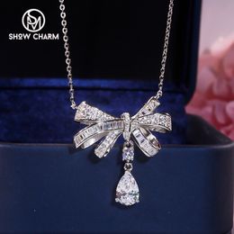 Colliers de pendentif Luxury Bowknot Water Drop Pendentid Collier Fomen Women Carbone Diamond S925 STERLING Silver Clavicule Chain Highend Bijoux 230817