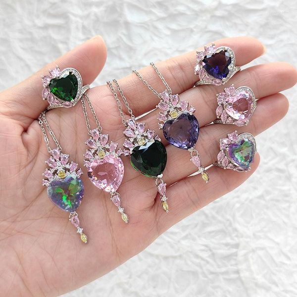 Pendentif Colliers De Luxe Coloré Cristal Coeur Anneaux Doux Vert Violet Noir Pour Les Femmes De Mariage Fiançailles Ensembles De Bijoux