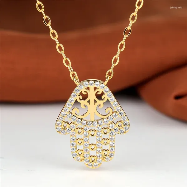 Pendentif Colliers Luxe Femelle Palm Collier Jaune Or Couleur Chaîne Charme Blanc Zircon Mariage Pour Les Femmes