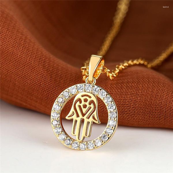 Pendentif Colliers De Luxe Femme Rond Palmier Collier Jaune Or Couleur Chaîne Charme Blanc Zircon De Mariage Pour Les Femmes