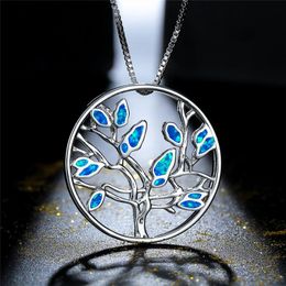 Pendentif Colliers Luxe Femelle Arbre De Vie Collier Blanc Bleu Rond Opale Chaîne Pour Femmes Charme Argent Couleur Collier De MariagePendentif