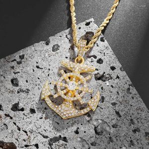 Pendentif Colliers De Luxe Plein Glacé Cubique Zircon Chaîne Vintage Punk Ancre Nautique Charme Collier Pour Femmes Hommes Hip Hop Bijoux