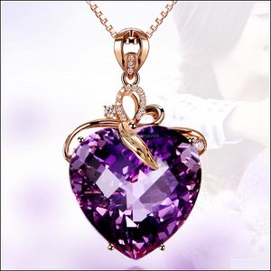 Pendentif Colliers De Luxe Coeur Améthyste Plaqué Or 18K Pierre Naturelle Violet Diamant Collier Femme Clavicule Chaîne Carsh Carshop2006 Dhobo