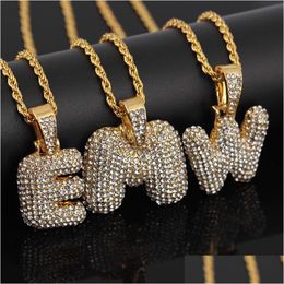 Pendentif Colliers Luxe glacé or colliers hommes femmes mode 26 lettre initiale Az alphabets cristal strass pendentif Hip Hop Dhaws