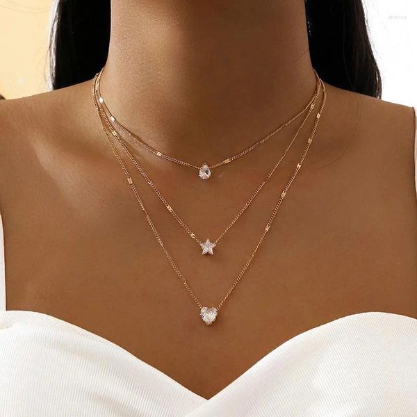 Pendentif Colliers Bijoux De Luxe Pour Femmes Zircon Coeur Étoile Charme Collier En Couches Strass Femme Vintage Cadeau