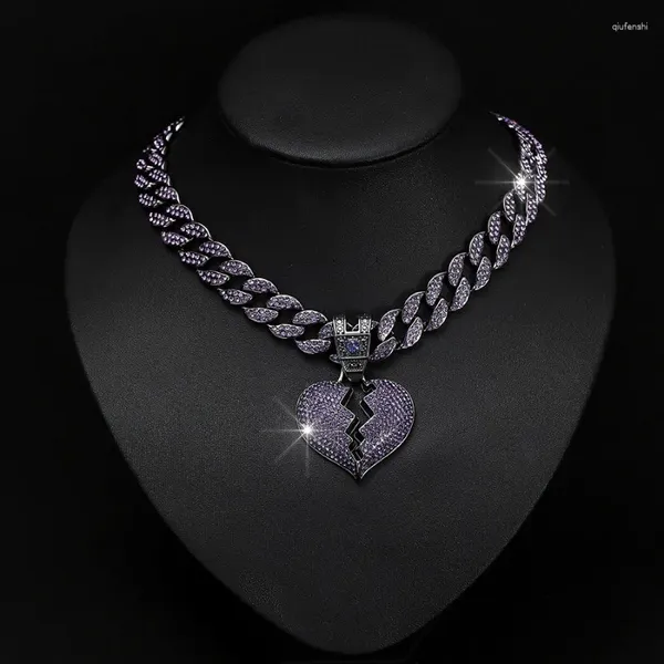Colliers pendants bijoux de luxe pour hommes et femmes Hip-hop Rock Purple Heart Brisant Collier de chaîne de liaison cubaine en alliage