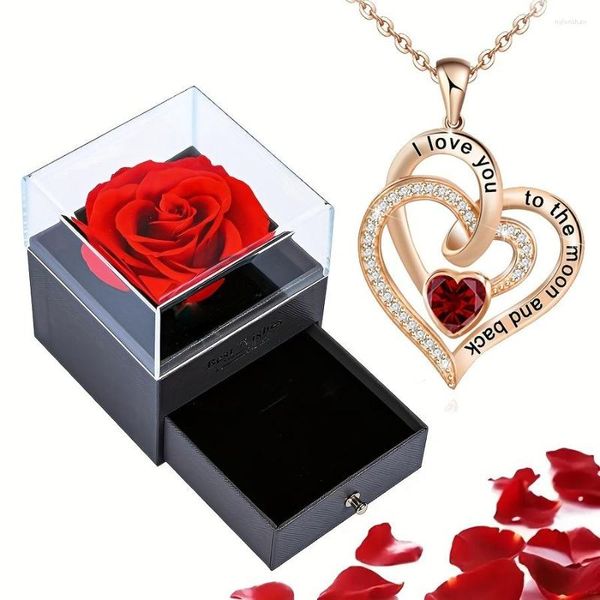 Collares con colgantes, collar de circón con corazón de amor de lujo con caja de regalos de rosas para mujeres, novias, joyería de moda de San Valentín y Navidad 2023