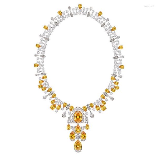 Pendentif Colliers De Luxe Sirène Collier Plein De Zircons Jaune Diamant Robe De Mariée Femmes Soirée Chaîne De Mariage