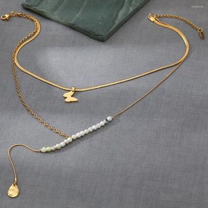 Hanger Kettingen Luxe Natuurlijke Zoetwater Parel Roestvrij Staal Vlinder Ketting Dubbellaagse Ketting Waterdichte Niet-Bezoedelen Sieraden