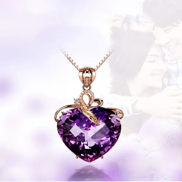 Collares colgantes Corazón de cristal de cristal púrpura de lujo para mujeres Niñas Joyería de moda Caja de color oro rosa Cadena Collar de amor