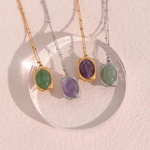 Pendentif Colliers De Luxe Violet Vert Ovale Pierre Naturelle Plaqué Or 18K Étanche En Acier Inoxydable Pour Femmes Bijoux