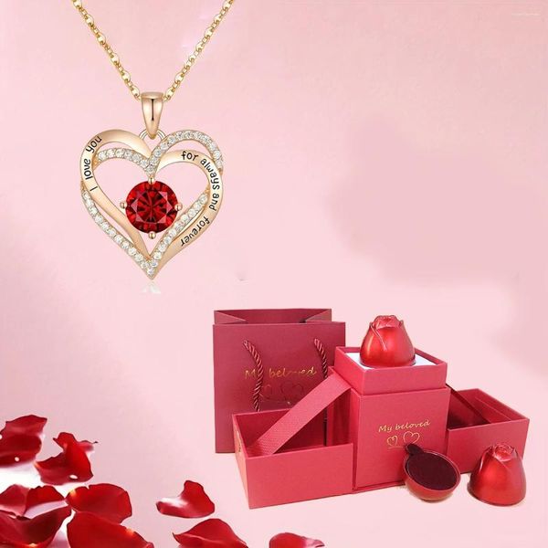Colliers pendants zircon coeur rouge de luxe avec boîte cadeau à fleurs de rose pour femmes je t'aime cadeaux 2024 bijoux romantiques à la mode