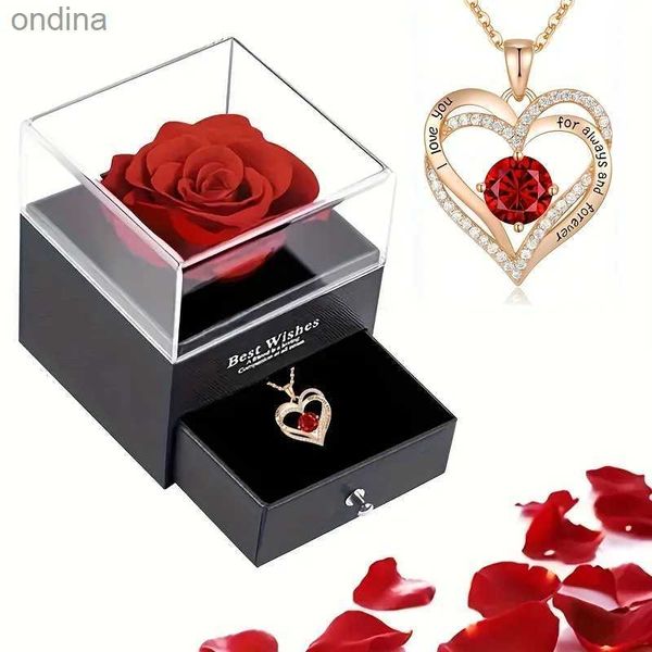Pendentif Colliers Colliers pendentif de luxe en Zircon rouge avec boîte-cadeau de fleur de Rose pour petite amie femmes je t'aime cadeaux 2023 bijoux de mariage à la mode YQ240124