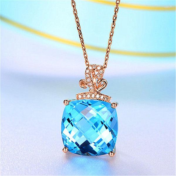 Pendentif Colliers Luxe Carré Mer Bleu Gems Cristal Princesse Coupe Zircon Collier De Mariage De Mariée Rose Plaqué Or Longue Chaîne Bijoux