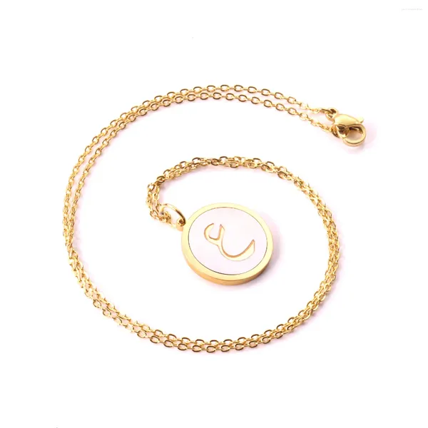 Pendentif Colliers Collier de lettre de luxe en acier inoxydable rond coquille blanche chaînes de l'alphabet arabe femmes fille fête